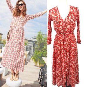 Red Floral Midi Dress with Tie Waist